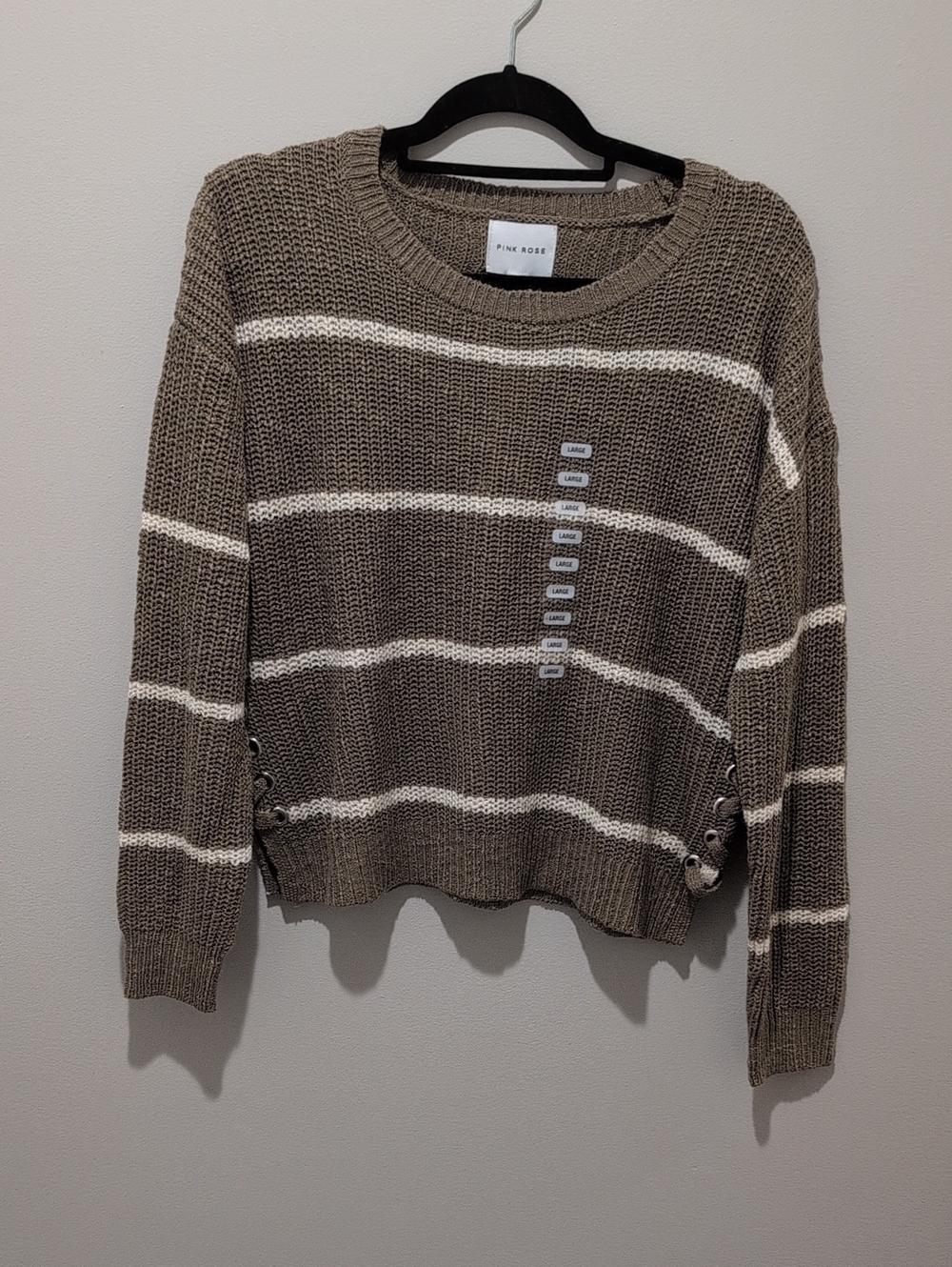 PINK ROSE Brown and White Striped Crewneck Sweater